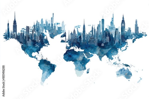 Watercolor world map silhouette blended with city skylines