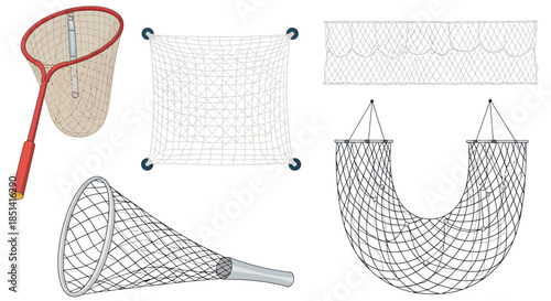 A collection of various fishing nets, displayed as vector illustrations, showcasing different designs and shapes, perfect for projects related to angling and marine themes.