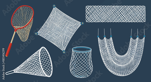 A collection of various fishing nets, rendered in a detailed vector illustration, showcasing different shapes and designs on a dark blue background, perfect for commercial use.