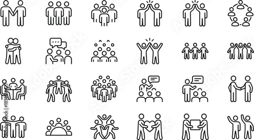 Minimal people group interaction and teamwork outline icon set for social community collaboration user interface web app vector