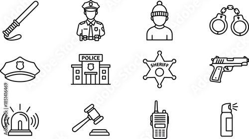 Minimal police law enforcement and security outline icon set for justice safety protection user interface web app vector
