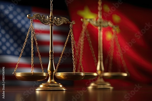 Golden scales of justice stand before blurred flags of USA and China