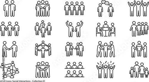 Minimal social interaction and teamwork outline icon set for community communication collaboration user interface web app vector