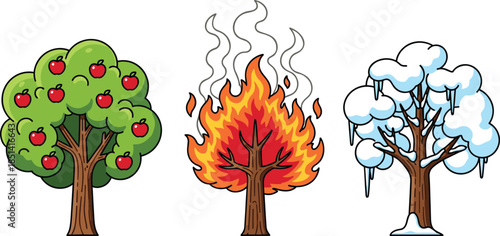 Seasons tree illustration, apple tree, burning tree, winter tree, nature contrast, climate change, environment concept, vector art, stock image