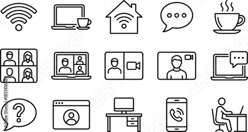 Minimal remote work and online communication outline icon set for home office video meeting user interface web app vector