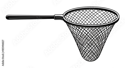 A classic black and white vector illustration depicts a simple hand-held catching net, perfect for fishing, insects, or general collection.