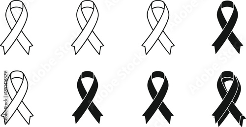 Set of awareness ribbons, black cancer support icons, mourning symbol, charity donation sign, hiv aid logo, medical hope element, flat vector illustration