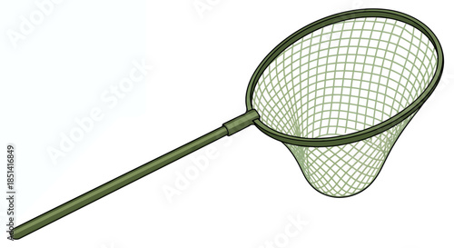 A detailed green fishing net with a long handle is depicted as a clean vector illustration, perfect for various design projects and outdoor themes.