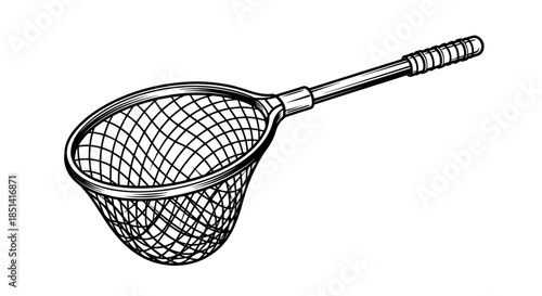 Detailed vector illustration of a classic fishing net with a long handle, isolated on a white background, perfect for fishing or sports-related designs.