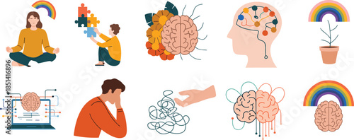 Mental Health and Emotional Wellness Icons Featuring Brain, Therapy, Mindfulness, Stress Relief, Cognitive Growth, and Positive Psychology Vector Illustrations