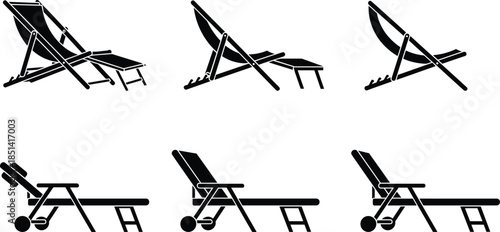 Set of beach and pool lounge chair silhouettes, foldable deck chairs and reclining sunbeds, summer relaxation furniture icons for vacation design