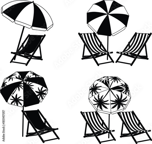 Set of beach umbrellas and deck chairs silhouettes, summer vacation symbols, sun lounger icon collection isolated on white, cad drawing flat vector illustration.
