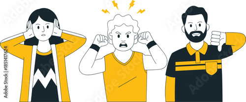 Negative emotion vector illustration portraying stress, anger, disapproval, frustration, conflict, and discomfort in flat and modern cartoon style