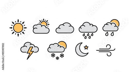 Modern vector weather icons pack illustrating various climate conditions and daily atmospheric forecasts for applications