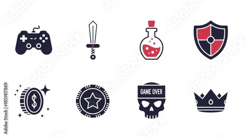 Collection of eight fantasy video game icons including joystick, sword, potion, shield, coin, poker chip, skull, and crown