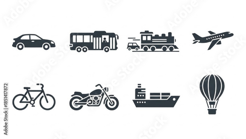 Comprehensive vector icon set showcasing diverse transportation modes for global travel and logistics concepts