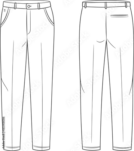 Men’s trousers technical sketch, front and back view, fashion design vector, garment construction, tailored pants, flat illustration, CAD drawing