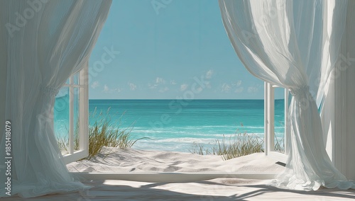 Airy white curtains frame a sunlit beach scene with turquoise ocean waves