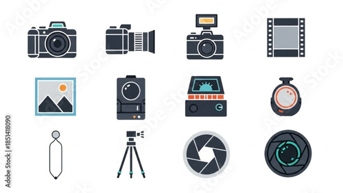 Diverse Collection of Photography and Filmmaking Equipment Icons for Creative Visual Projects and Digital Content Generation