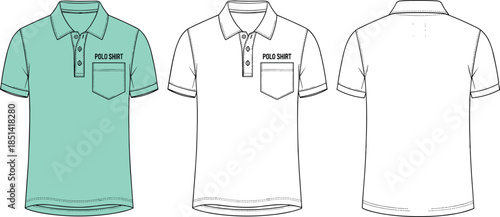 Men's polo shirt technical fashion flat sketch, short sleeve top with chest pocket, front and back view, cad drawing flat vector illustration.