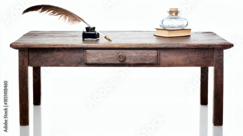 Vintage Desk with Feather Quill and Inkwell, Isolated on Pure White Background, Clean Edges, Sharp Focus, Minimalist Composition, Photorealistic Style