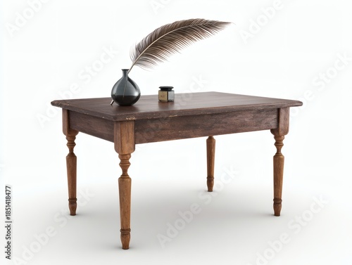 Vintage Desk with Feather Quill and Inkwell, Isolated on Pure White Background, Clean Edges, Sharp Focus, Minimalist Composition, Photorealistic Style