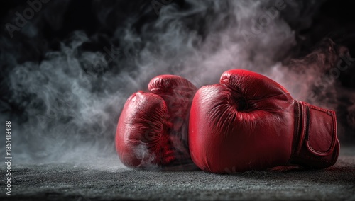 Intense red boxing gloves rest on a dark, smoky surface, ready for combat