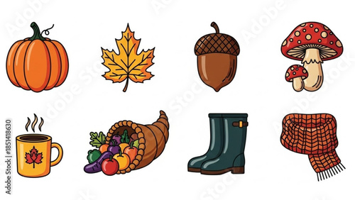 Vibrant Autumn Season Vector Icons Collection Featuring Fall Harvest, Nature Elements, and Cozy Comfort Symbols