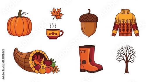 Vibrant Collection of Autumn Season Elements Pumpkin, Acorn, Cozy Sweater, Cornucopia, and Fall Leaves