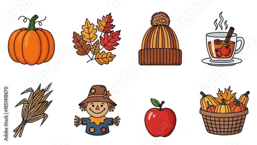 Autumnal Icons Pumpkins, Leaves, Beanie, Hot Drink, Scarecrow, Apple, and Harvest Basket
