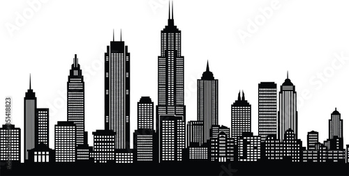 Metropolitan City Skyline Silhouette Vector Illustration, Panoramic View of Abstract Downtown Skyscrapers and Modern Towers, Black and White Urban Architecture Graphic Background.