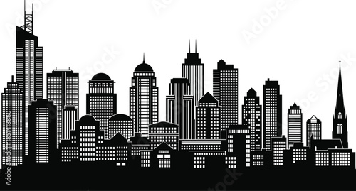 Metropolitan City Skyline Silhouette Vector Illustration, Panoramic View with Modern Skyscrapers and Church Steeple, Black and White Urban Architecture Landscape Background Graphic.