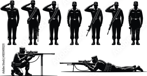 Military soldier silhouettes set, army men saluting, standing at attention, and snipers aiming rifles, black vector war illustration, special forces combat isolated.