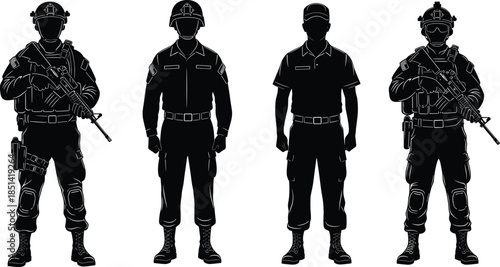 Military Soldier Silhouettes Vector Set, Armed Forces Men in Full Combat Gear and Casual Uniforms, Standing Poses for Defense, Security, and Patriotic Themes Illustration