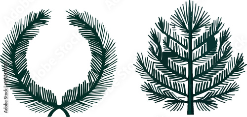 A green laurel wreath of evergreen branches forming a simple holiday frame on a black background