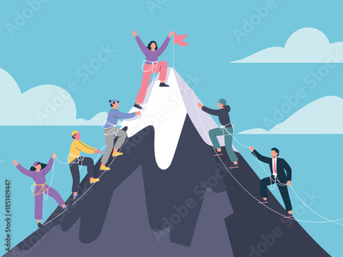 Team achieving success by climbing mountain together, symbolizing teamwork, collaboration, leadership, and perseverance in reaching goals and overcoming challenges