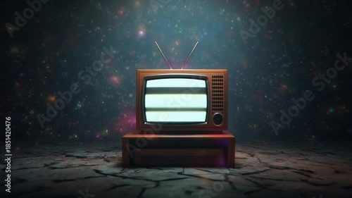 TV screen displaying static with floating particles, evoking digital noise, signal disruption, and abstract technological atmosphere in a cinematic or futuristic setting.