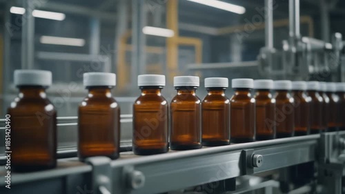 Medicine bottle inspection on automated factory line symbolizing precision quality control regulation trust safety and human oversight in modern pharmaceutical manufacturing