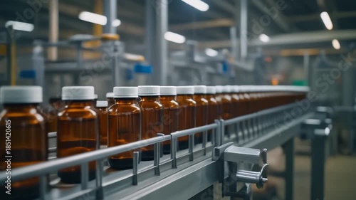 Medicine bottle inspection on automated factory line symbolizing precision quality control regulation trust safety and human oversight in modern pharmaceutical manufacturing