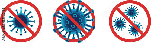 Virus prohibition icons set with red warning symbol, infection prevention, health safety, disease control, medical hygiene, and anti-virus concept
