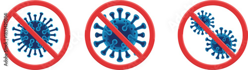 Virus prohibition signs vector set with blue coronavirus icons crossed out, health protection, pandemic prevention, safety awareness concept illustration