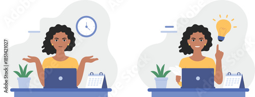 Woman at desk showing confusion and idea moment, office scene with laptop, clock, calendar, plant, concept of problem solving