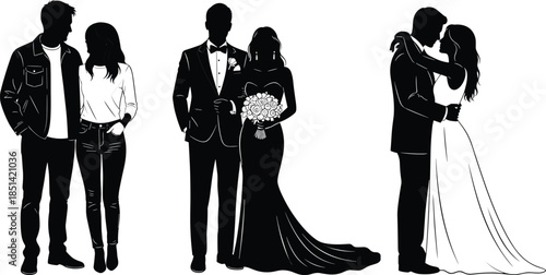 Romantic couple silhouettes featuring casual pose, elegant wedding attire, and intimate embrace, ideal for love, marriage, relationship, and celebration themes