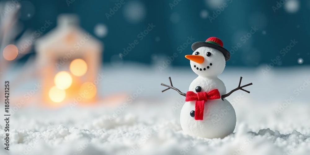 Fototapeta premium Miniature snowman with carrot nose in snowy scene, minimalist decor, whimsical snowman, orange
