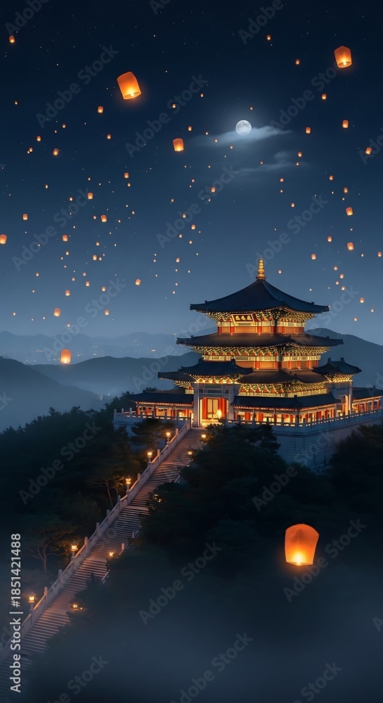 Fototapeta premium Serene Asian Pagoda Illuminated by Floating Lanterns at Night.