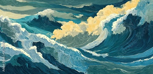Dynamic ocean waves with textured brushstrokes in shades of blue and gold