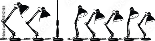 Row of articulated desk lamps in various positions, silhouette lighting design concept, creative workspace equipment, minimal black and white illustration style