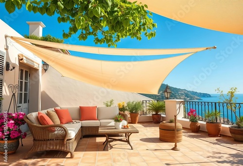 Relaxing white sail shade over Italian terrace sofa, Mediterranean, lifestyle