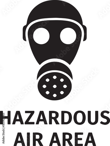 A stark black silhouette of a gas mask with hazard warning text