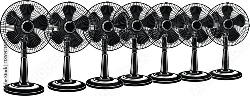 Row of pedestal electric fans in silhouette style, detailed black vector illustrations showing ventilation, airflow and cooling appliance designs for summer